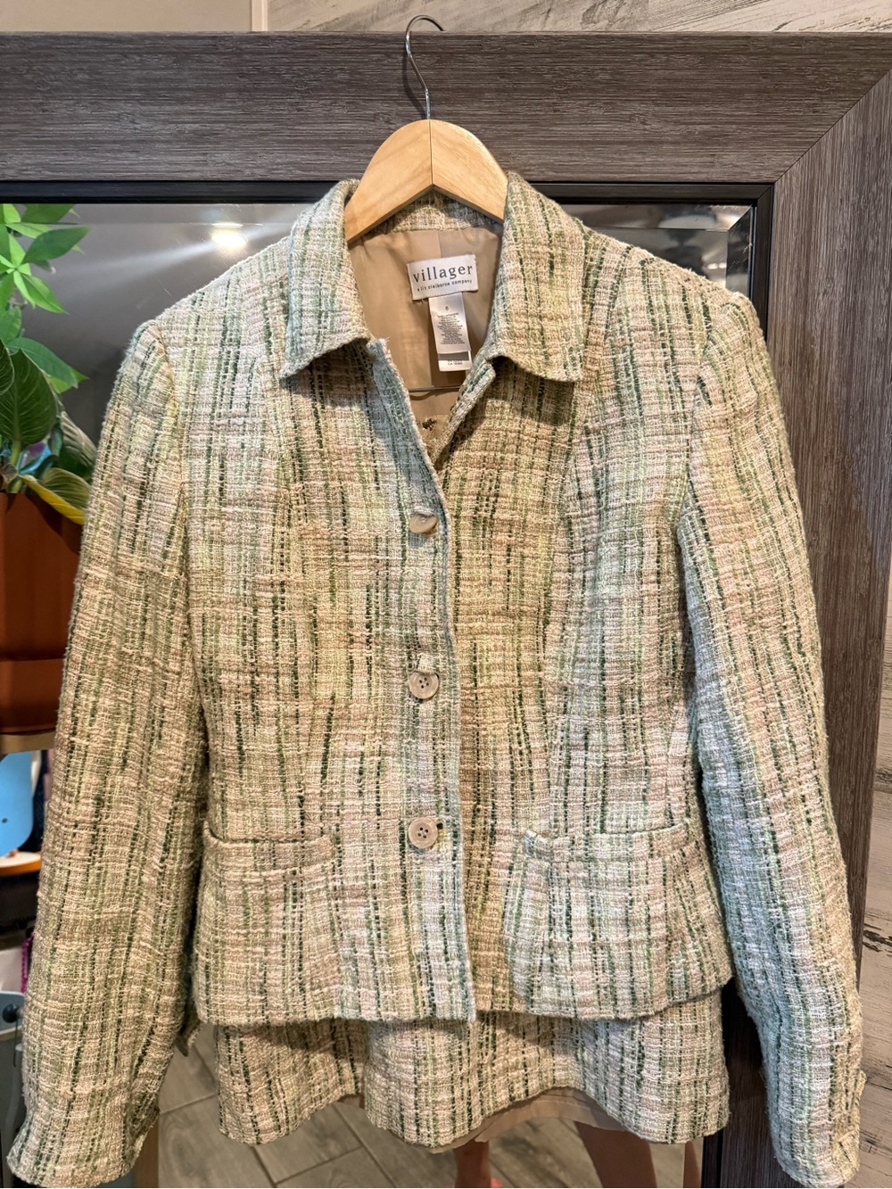Villager Green Tweed Jacket - Women's Classic Collared Coat with Skirt